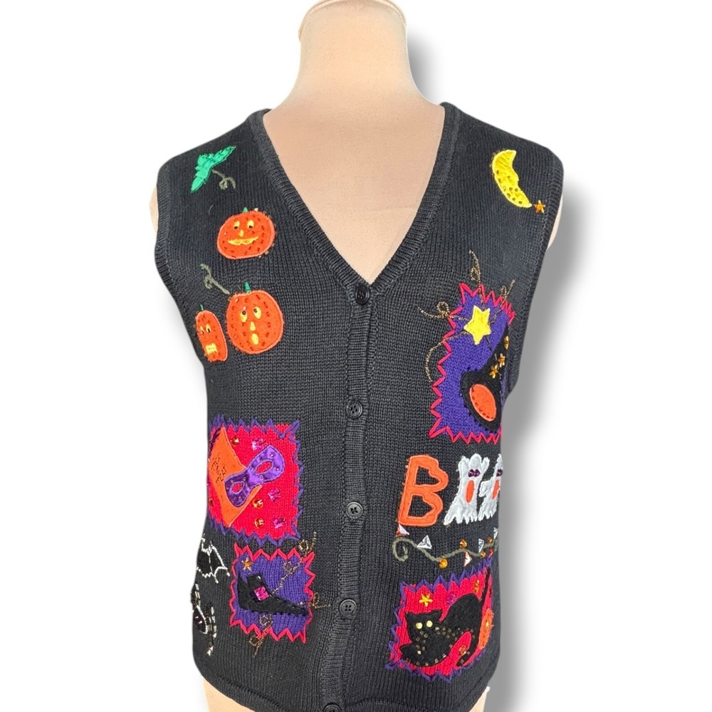 Vintage Bobbie Brooks Halloween Sweater Vest Applique Beaded Witch Cat Ghost L - Picture 4 of 9